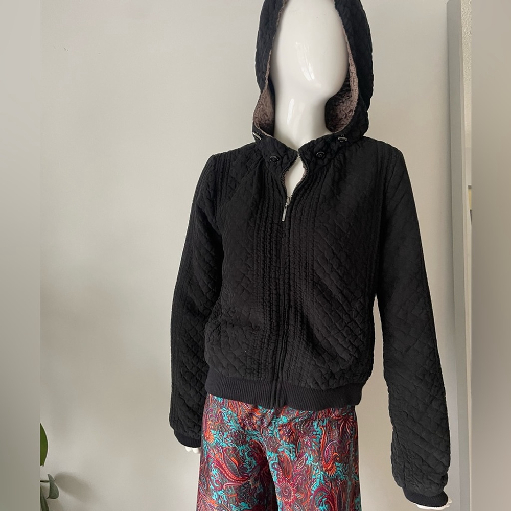 Adolfo Dominguez Black beige Bomber Jacket reversible medium hooded - Picture 2 of 9